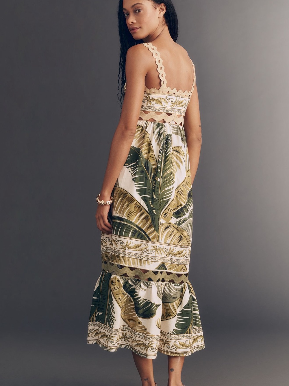 FARM Rio Cream Midi Dress with Green and Olive Leaf Print - Picture 3 of 10